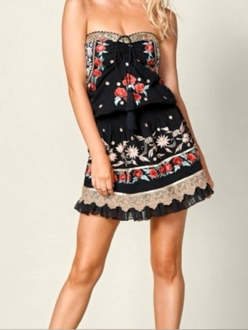 VENUS FiestaBlack Embroidered Strapless Mini Dress Lace Boho Floral Cotton Small